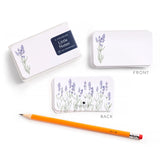 little notes with lavender design, pencil, and 'Little Notes' packaging on a white background