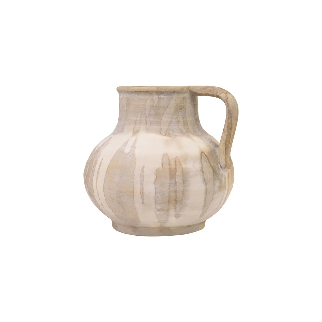 Decorative ceramic pitcher with a rounded body, integrated handle, and layered beige finish with subtle vertical glazing on white background
