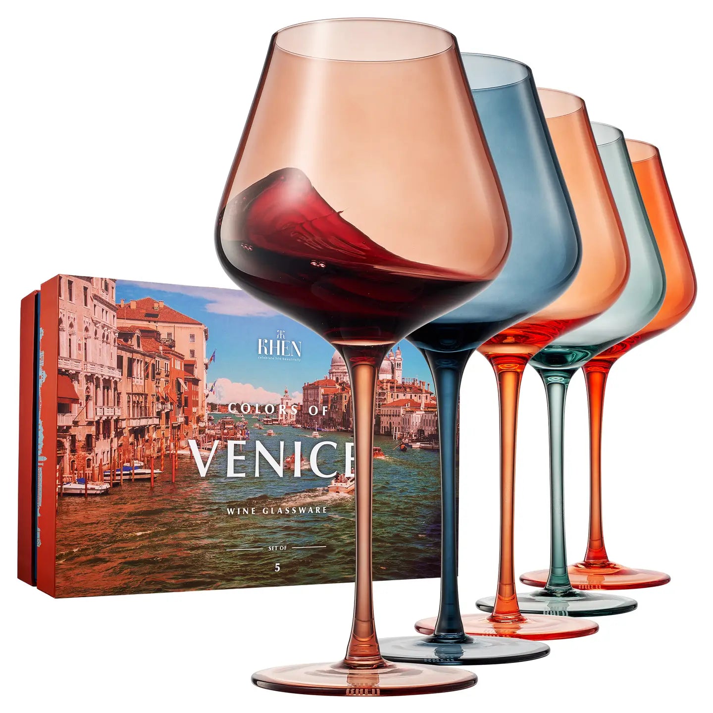Set of colorful wine glasses with a 'Colors of Venice' box in the background