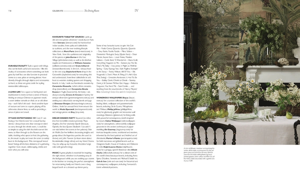 Dining room with table setting and decor, text on the left