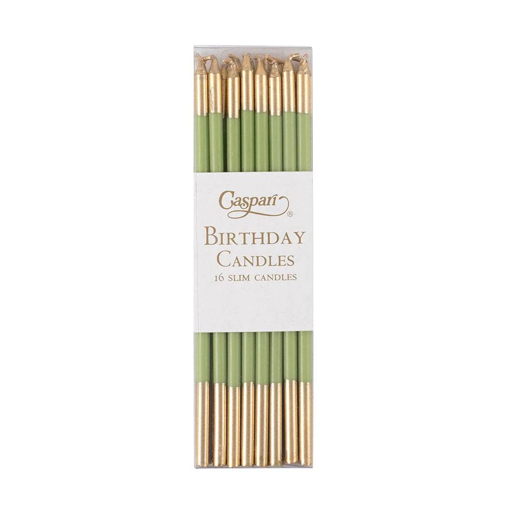 Pack of green and gold birthday candles with 'Caspari' branding on a white background