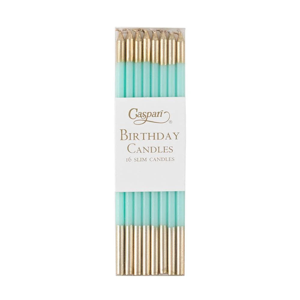 Pack of Caspari birthday candles with gold and turquoise design on a white background