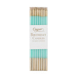 Pack of Caspari birthday candles with gold and turquoise design on a white background