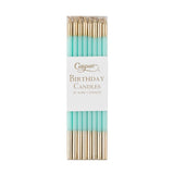 Pack of Caspari birthday candles with gold and turquoise design on a white background