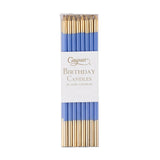 Pack of Caspari birthday candles with blue and gold design on a white background