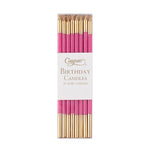 Pack of pink and gold birthday candles with 'Caspari' branding on a white background.