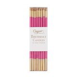 Pack of pink and gold birthday candles with 'Caspari' branding on a white background.