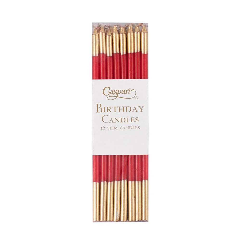 Pack of Caspari birthday candles with red and gold design on a white background