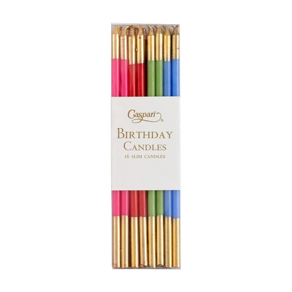 Pack of colorful birthday candles with 'Caspari' branding on a white background