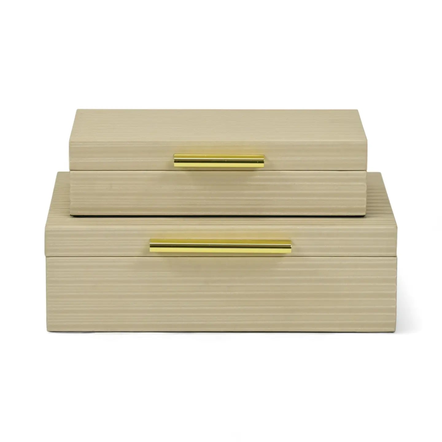 Set of two beige vanity boxes with gold handles on a white background