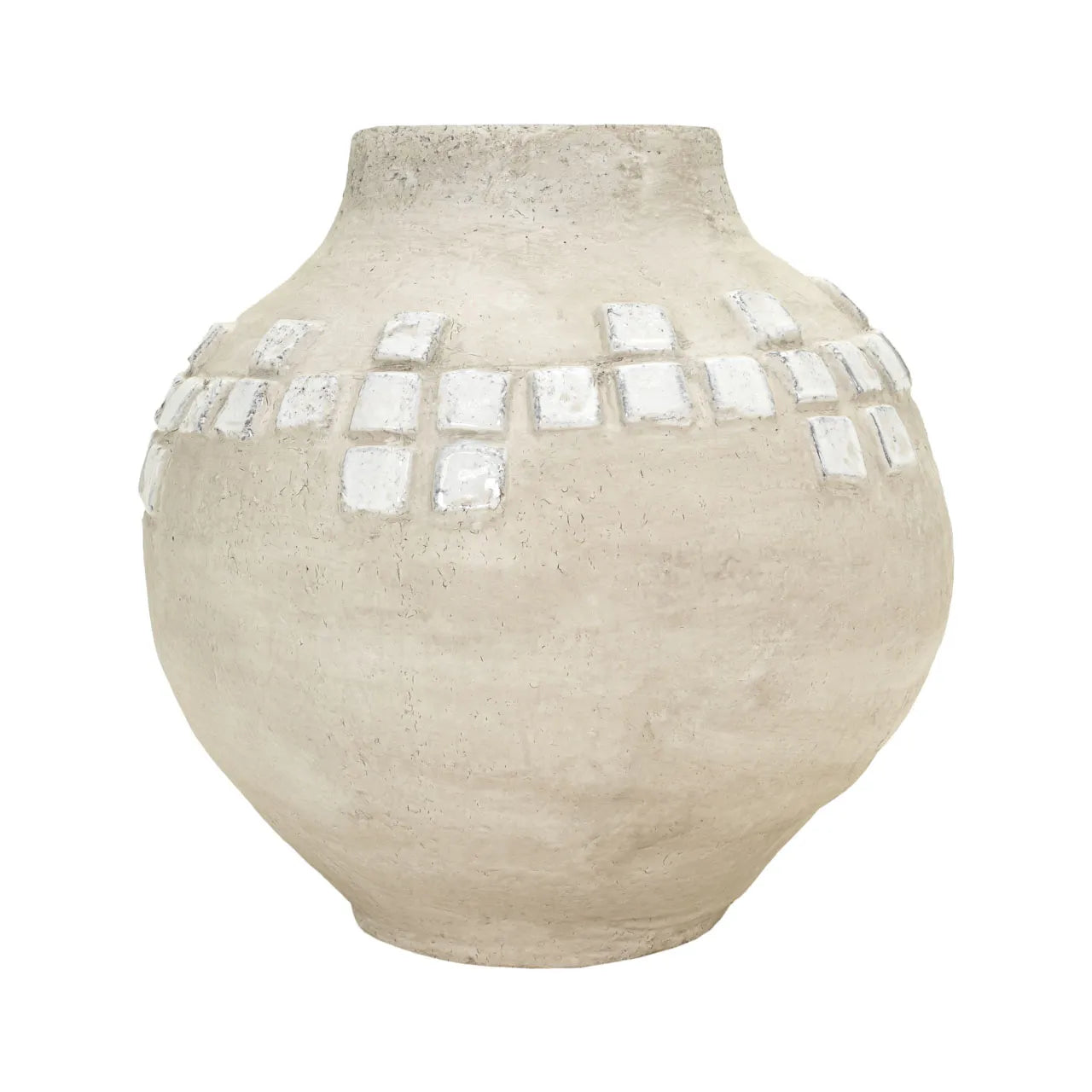 tall grey washed vase with white accents on a white background
