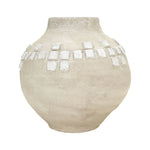 tall grey washed vase with white accents on a white background