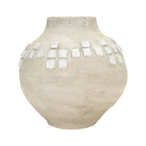 tall grey washed vase with white accents on a white background