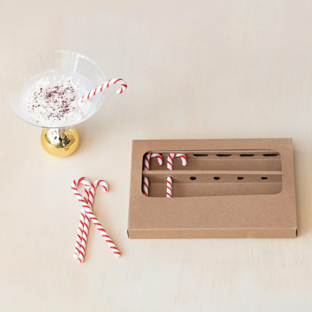 1"L x 5"H Glass Candy Cane Shaped Stir Sticks, Red & White, Boxed Set of 6