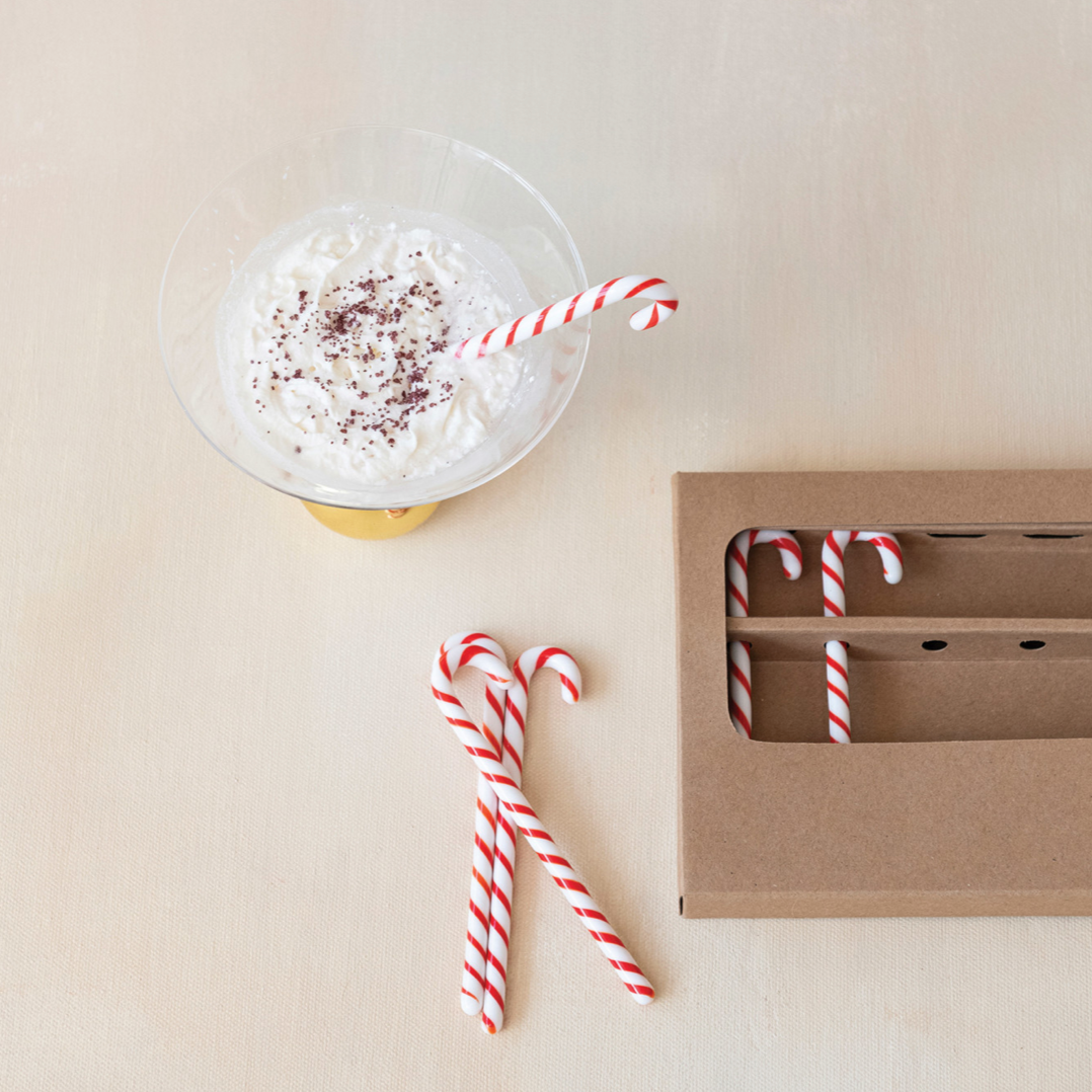 1"L x 5"H Glass Candy Cane Shaped Stir Sticks, Red & White, Boxed Set of 6