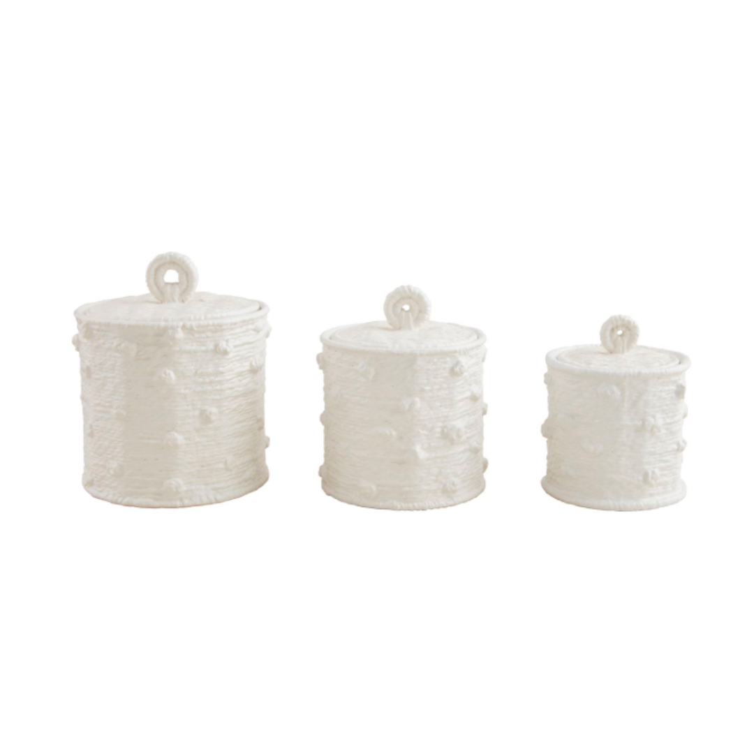 white woven ceramic canister knot design, three sizes