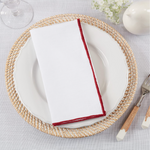 white linen napkins with stonewashed stitch red border, set of four