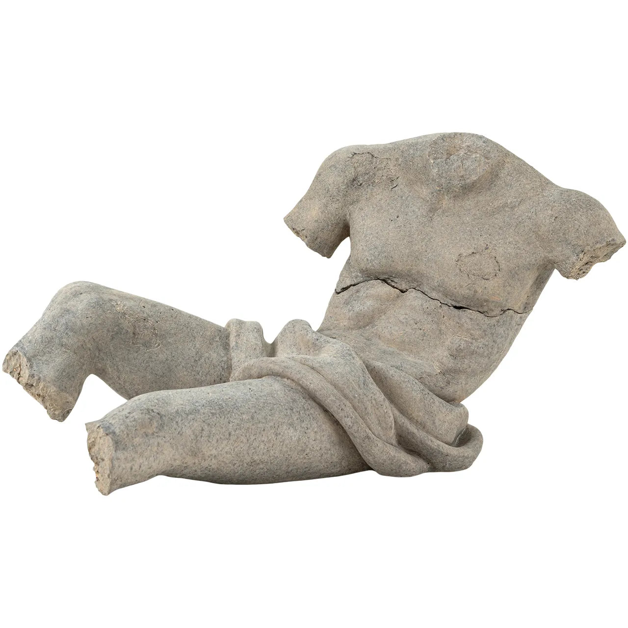 Soul in Stone Sculpture weathered gray torso sculpture in a reclining position on white background
