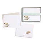 Note cards with cappuccino illustration and E. Frances packaging on a white background