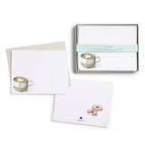 Note cards with cappuccino illustration and E. Frances packaging on a white background