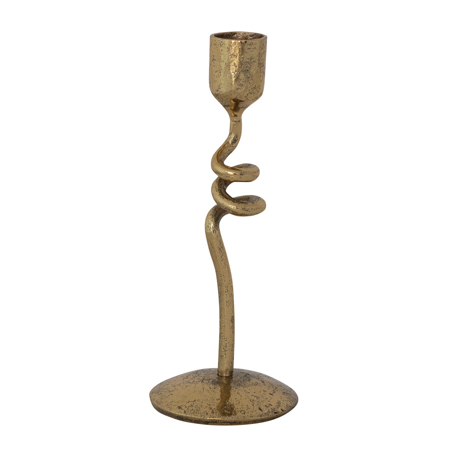 Hand-Forged Iron Taper Holder w/ Spiral Base, Brass Finish on white background