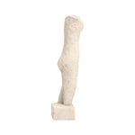 Abstract beige cement human body sculpture with an elongated silhouette, textured stone-like finish, and minimalist design on a rectangular base on white background