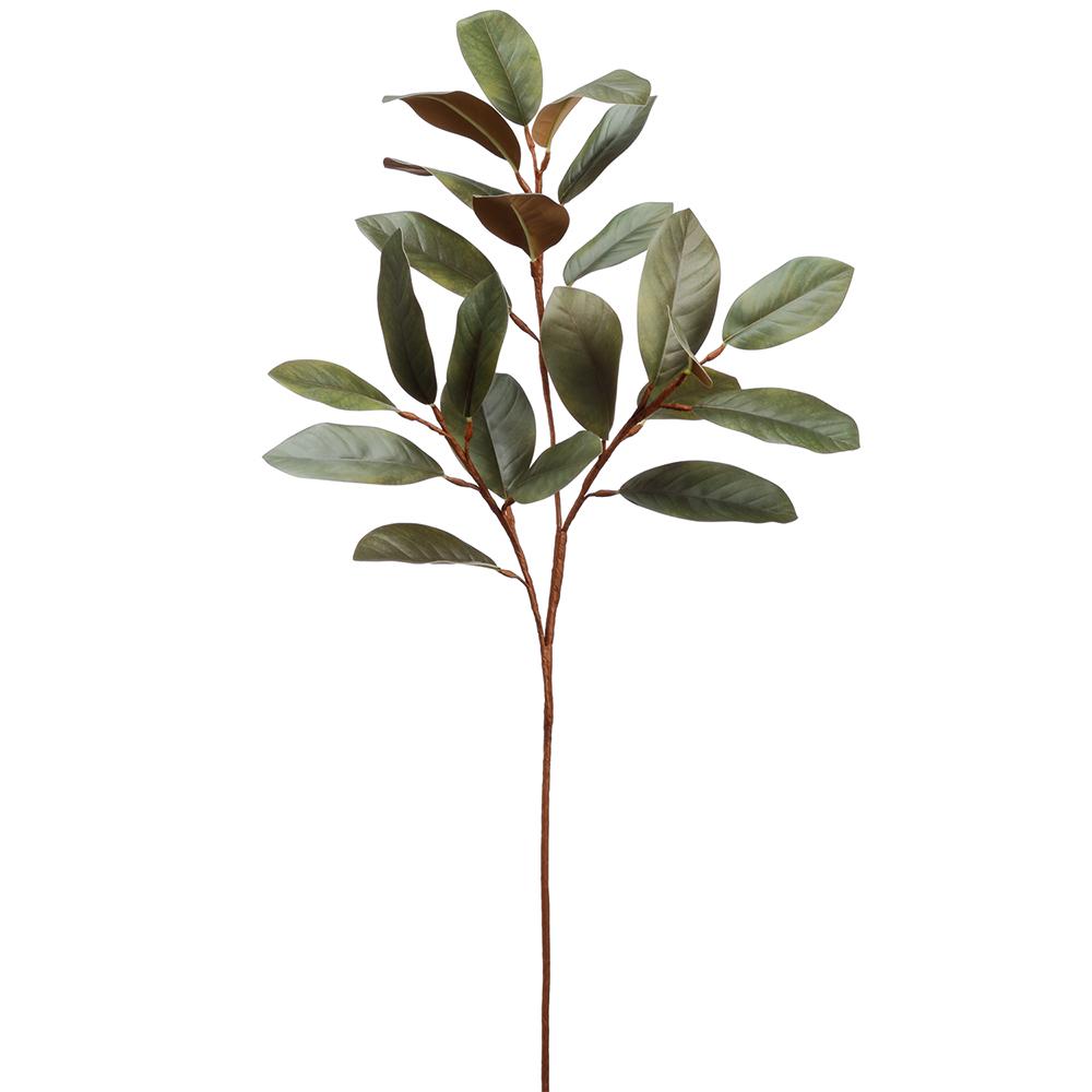An artificial magnolia branch with realistic green leaves and a brown stem, isolated on a white background.