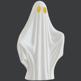 White ghost figure with yellow eyes on a black background