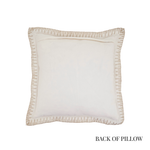 An off-white square throw pillow shown from the back, featuring a beige stitched border, with the text 'BACK OF PILLOW' printed in black at the bottom right.
