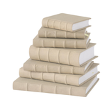 A stack of six vintage-style hardcover books in a light beige or tan color with white page edges, isolated on a white background.