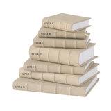 A stack of eight beige faux leather books labeled STYLE A through STYLE G, arranged in a pyramid-like stack on a plain white background.