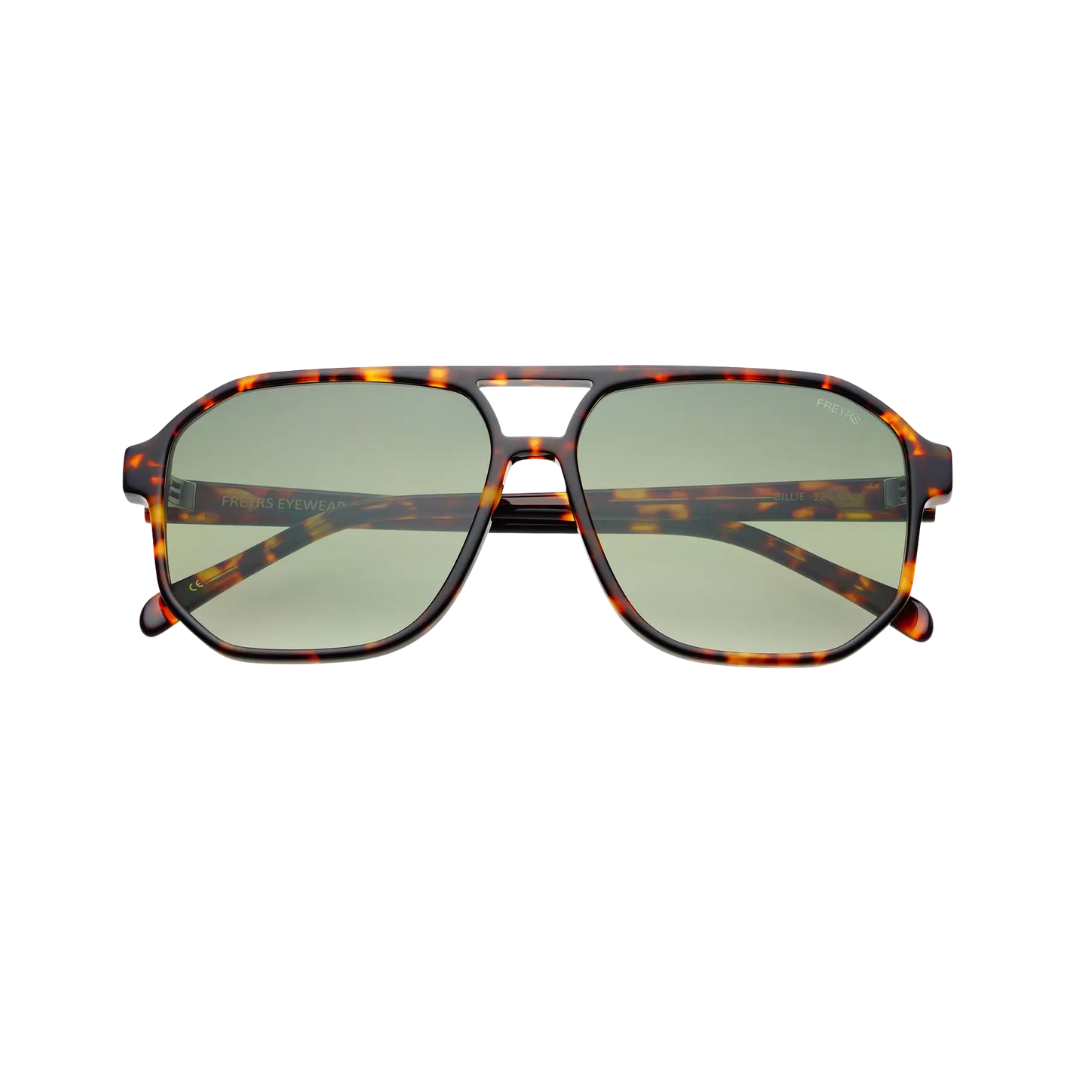 A pair of square aviator-style sunglasses with a tortoiseshell patterned frame and light green-tinted lenses, shown from the front on a solid white background.