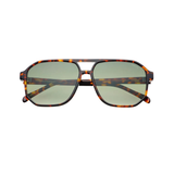A pair of square aviator-style sunglasses with a tortoiseshell patterned frame and light green-tinted lenses, shown from the front on a solid white background.