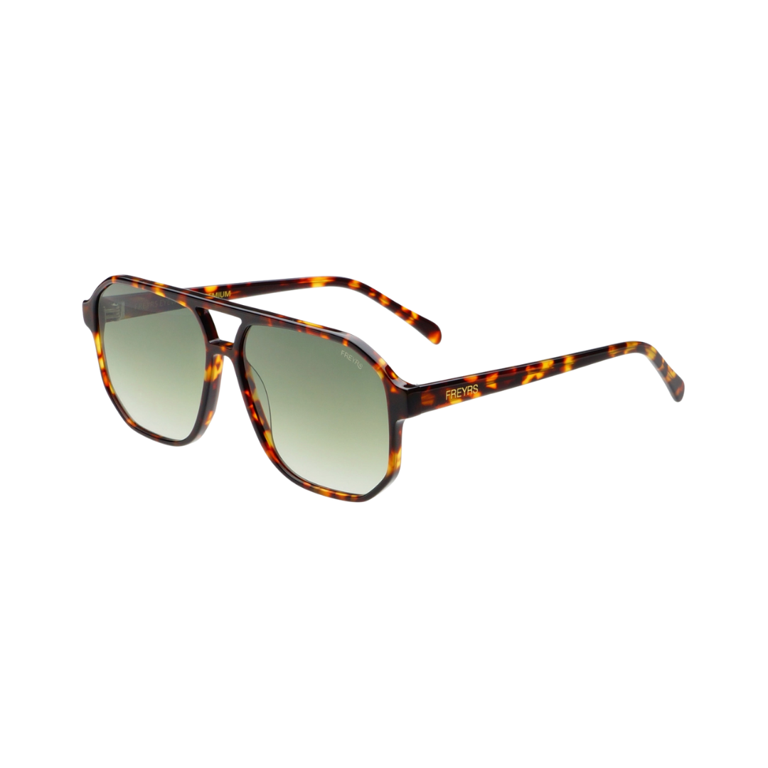 A pair of aviator-style sunglasses with a tortoiseshell frame and gradient green lenses, shown on a plain white background.