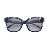 A pair of square-frame sunglasses with a blue, black, and beige tortoiseshell pattern on the frames and gray gradient lenses, shown against a plain white background.