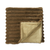 A folded brown faux fur throw blanket with a beige satin reverse side, shown on a plain white background.