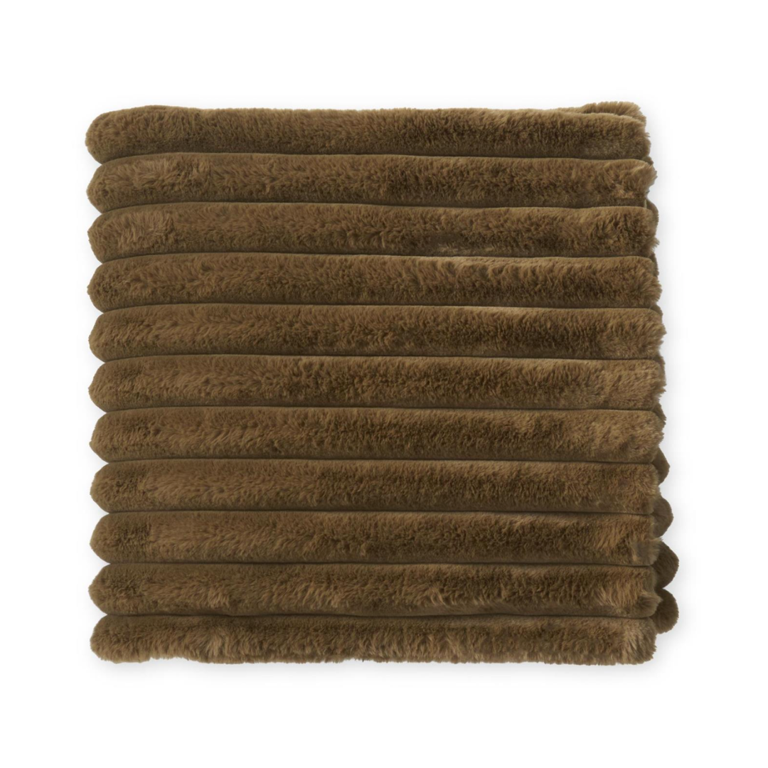 A stack of ten square brown faux fur throw pillows with horizontal ribbed textures, arranged neatly on a solid white background.