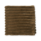 A stack of ten square brown faux fur throw pillows with horizontal ribbed textures, arranged neatly on a solid white background.