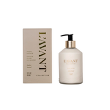 Lavant Collective hand lotion in a frosted frosted bottle with a black pump and gold collar, shown next to its beige packaging box on a white background.