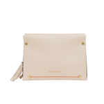 A Montemare cream-colored Vienna Crossbody leather wallet with gold-tone hardware, a decorative tassel, and a thin red stitched line across the front, shown against a plain white background.
