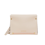 A Montemare cream-colored Vienna Crossbody leather wallet with gold-tone hardware, a decorative tassel, and a thin red stitched line across the front, shown against a plain white background.
