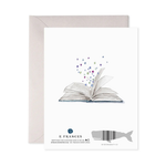 Greeting card with an open book illustration and colorful stars, featuring the brand 'E. Frances'.