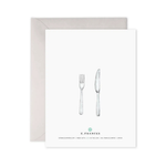 Greeting card with a fork and knife illustration and 'E. Frances' branding.