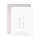 Greeting card with a fork and knife illustration and 'E. Frances' branding.