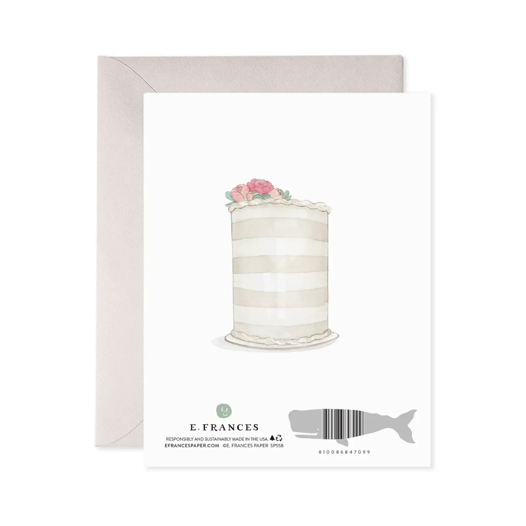 Card with a cake illustration and E. Frances Paper Co. branding on a white background