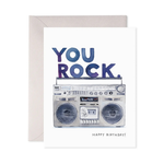 Greeting card with 'You Rock' text and a boombox illustration on a white background.