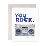 Greeting card with 'You Rock' text and a boombox illustration on a white background.