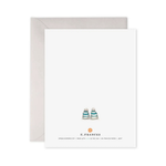 Greeting card with illustration of two striped shoes and a matching envelope on a white background