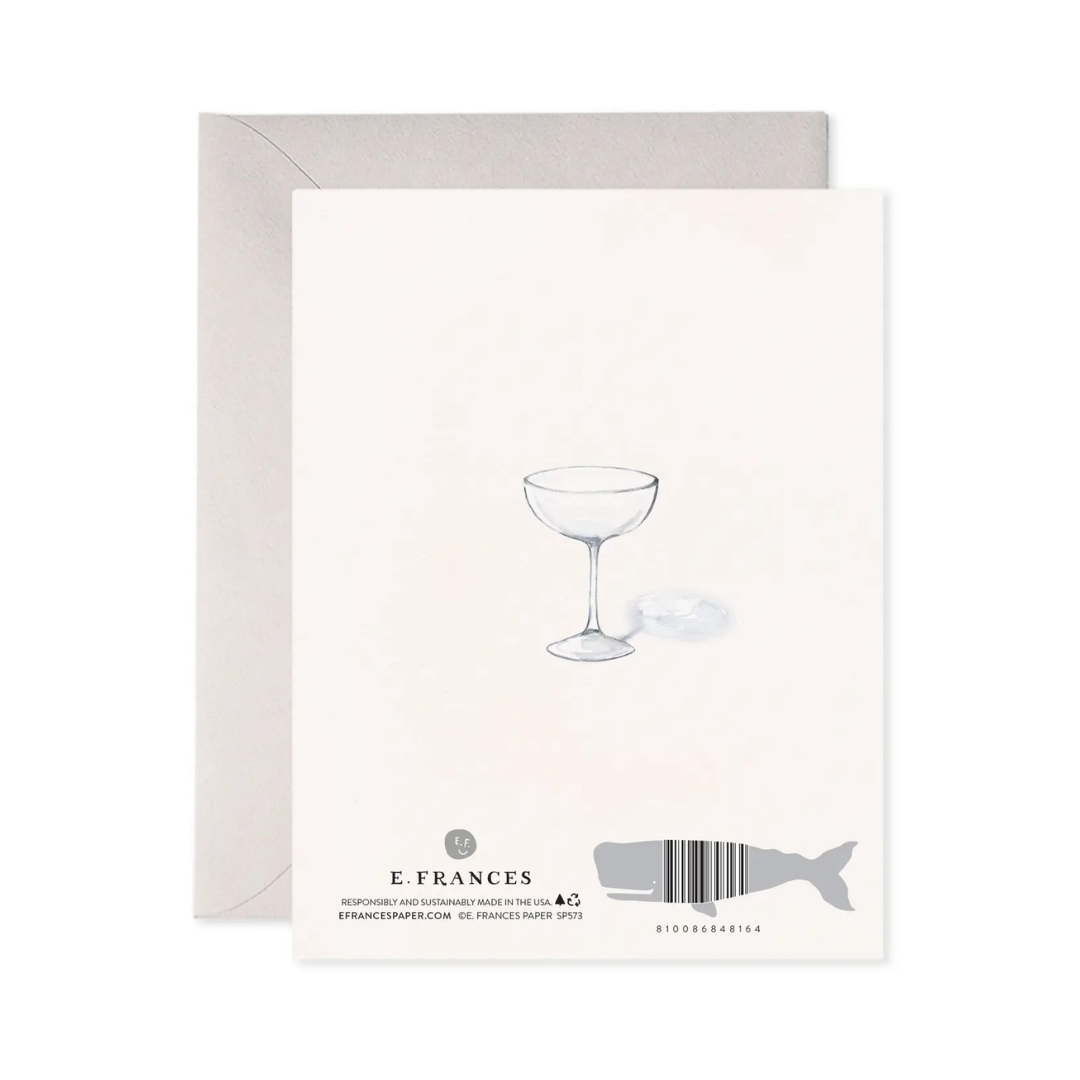 Greeting card with a glass illustration and E Frances branding on a white background