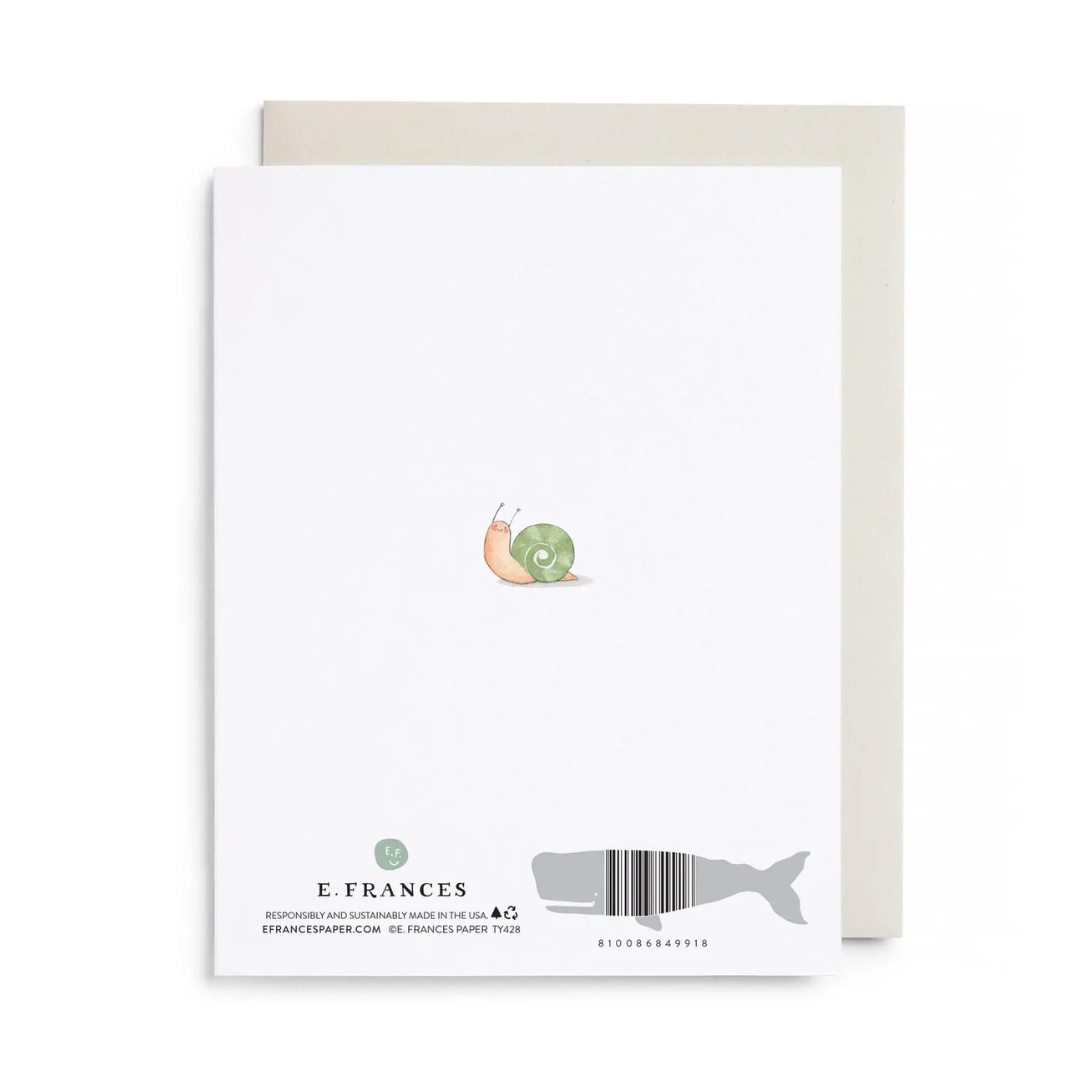 Greeting card with snail illustration and E. Frances branding on a white background